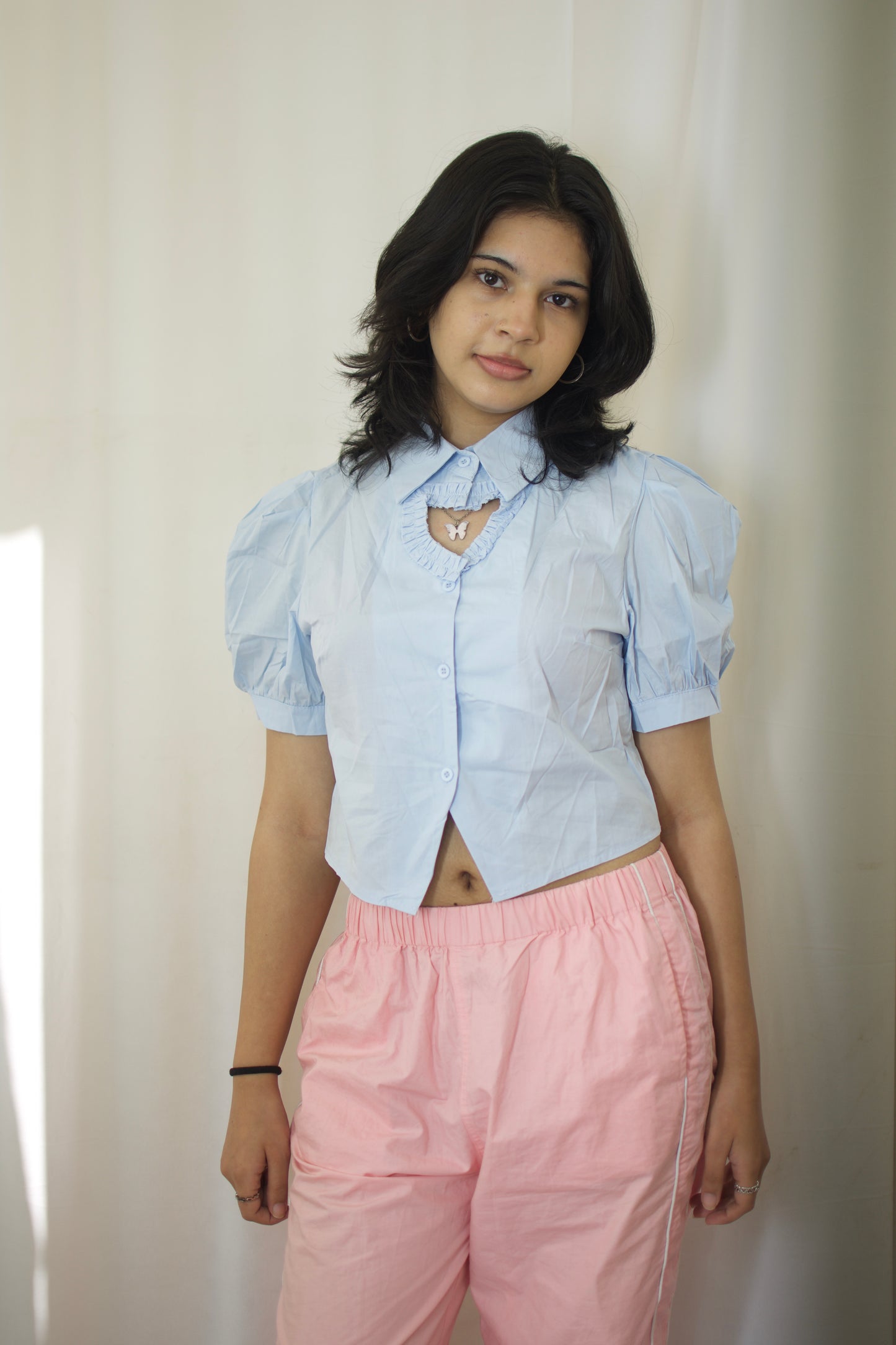 Mini Heart Puff Sleeve Blouse - Sky Blue