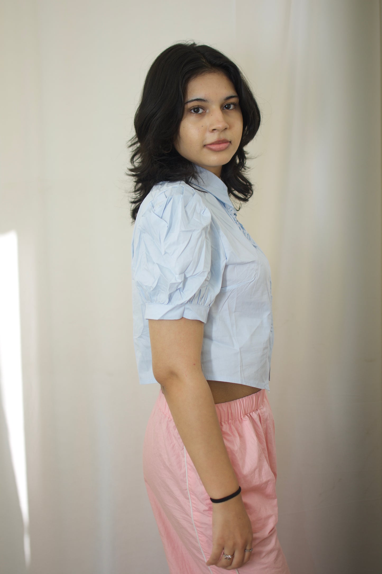 Mini Heart Puff Sleeve Blouse - Sky Blue