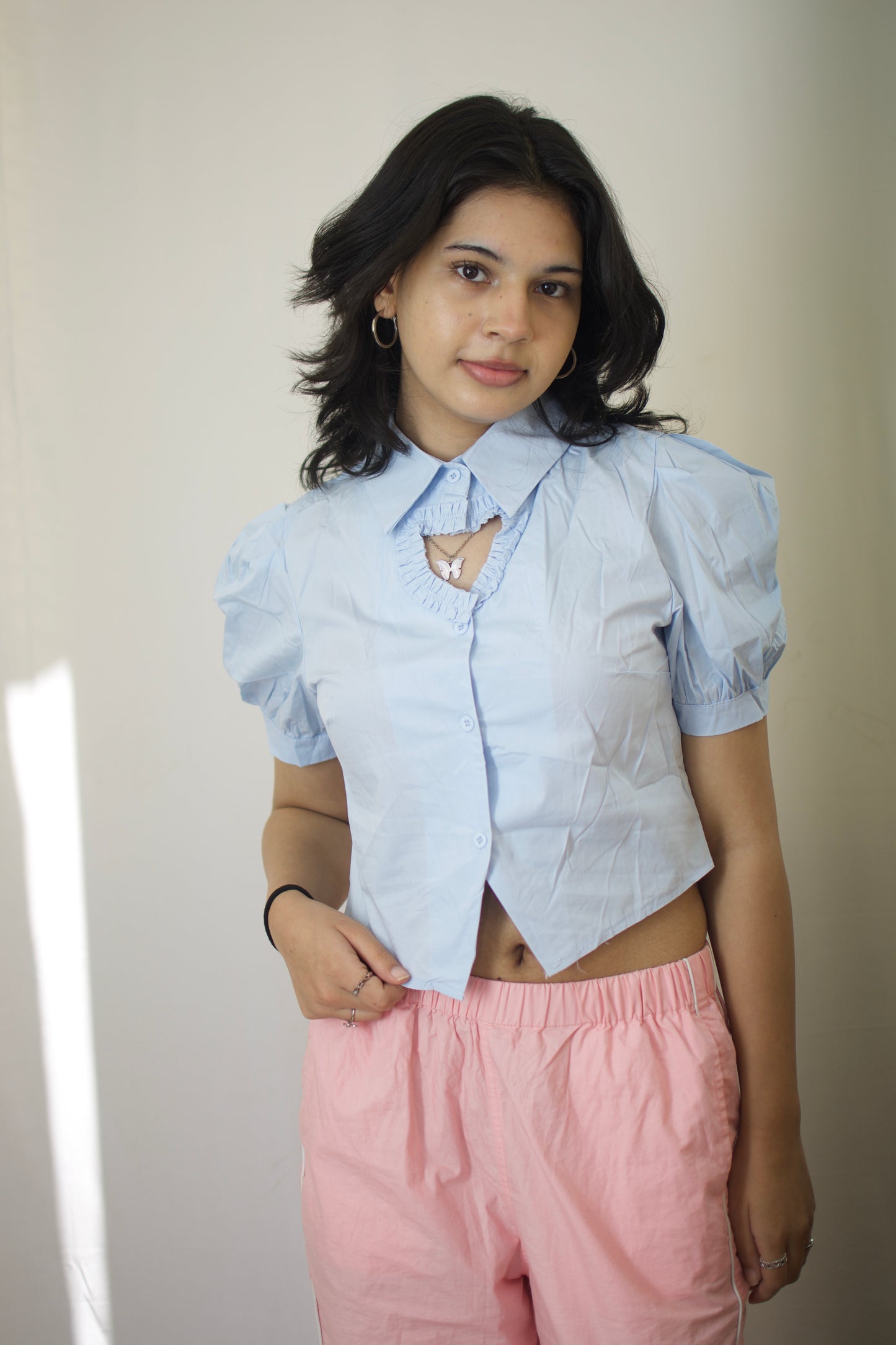 Mini Heart Puff Sleeve Blouse - Sky Blue