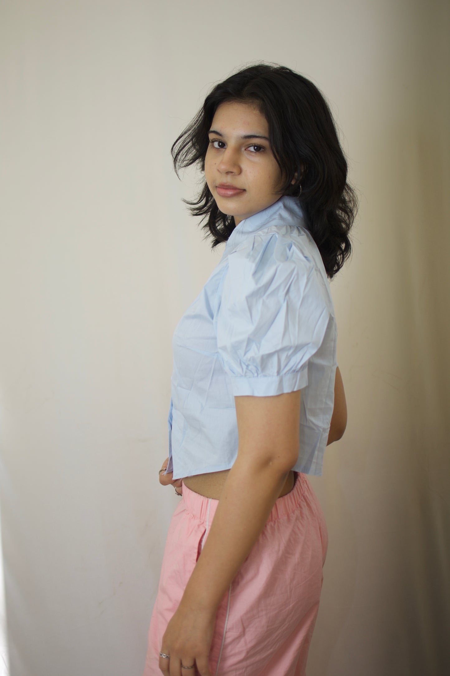 Mini Heart Puff Sleeve Blouse - Sky Blue