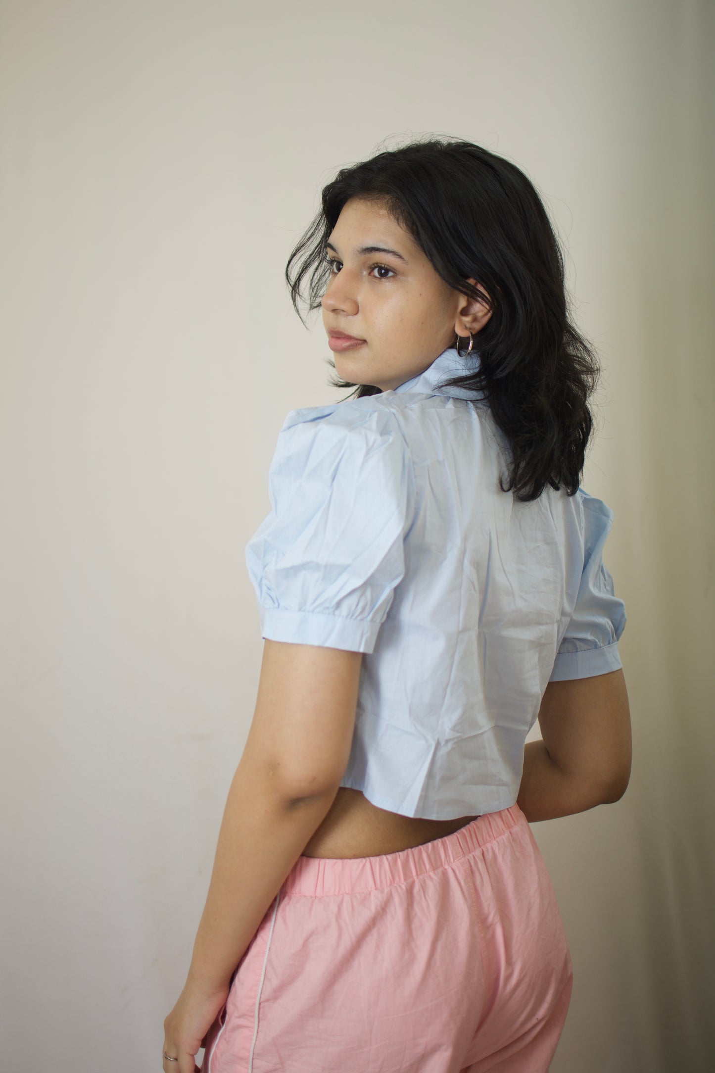 Mini Heart Puff Sleeve Blouse - Sky Blue