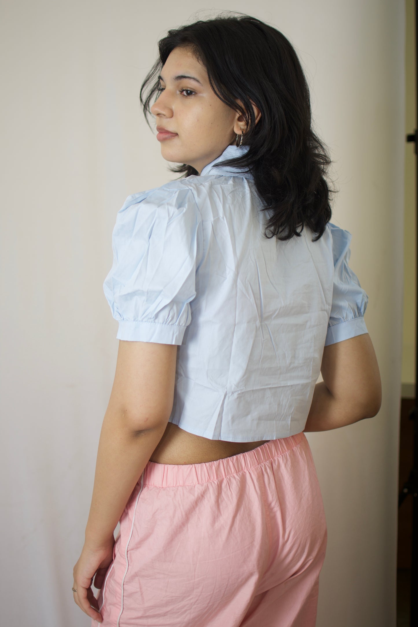 Mini Heart Puff Sleeve Blouse - Sky Blue