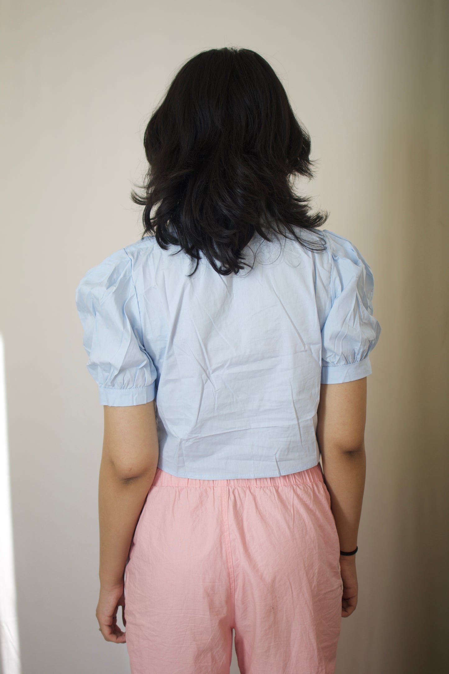 Mini Heart Puff Sleeve Blouse - Sky Blue