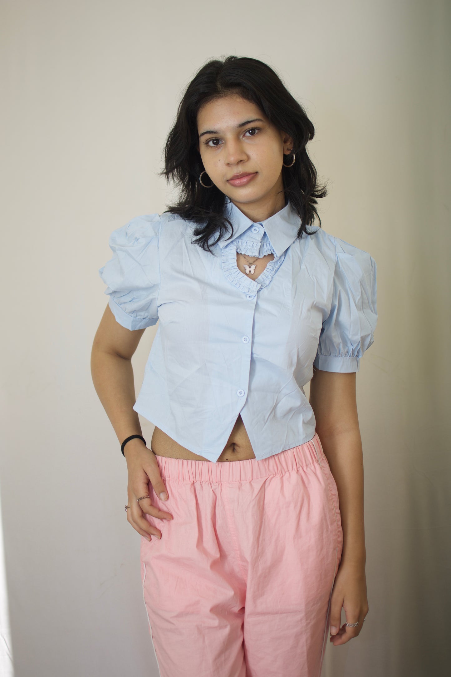 Mini Heart Puff Sleeve Blouse - Sky Blue