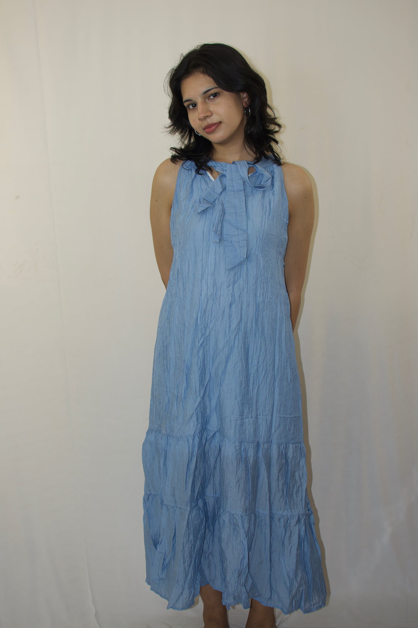 Blue Bow-Neck Maxi Dress