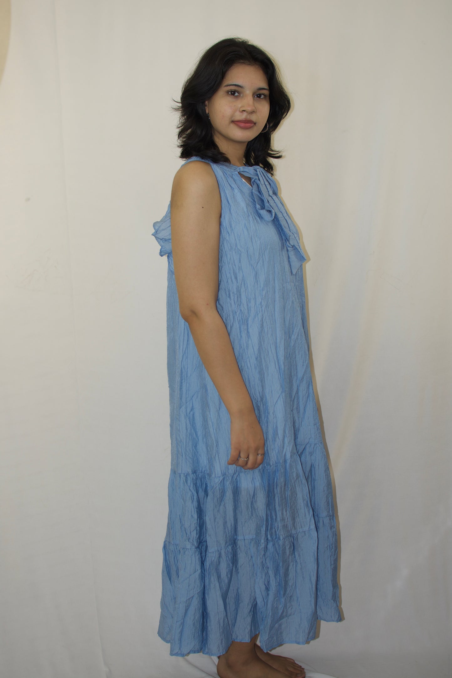 Blue Bow-Neck Maxi Dress