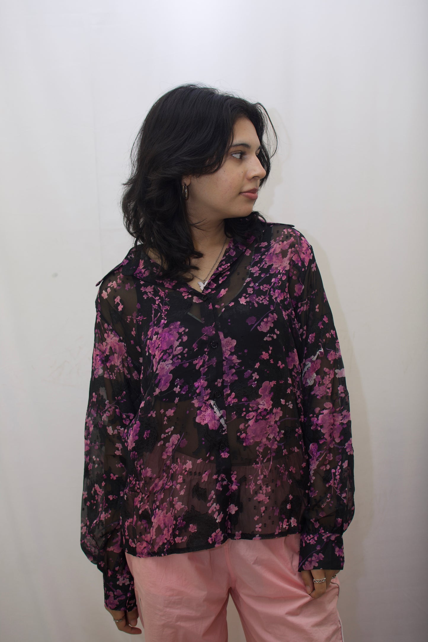 Sheer Floral Braso Embroidered Shirt – Black & Pink Elegance