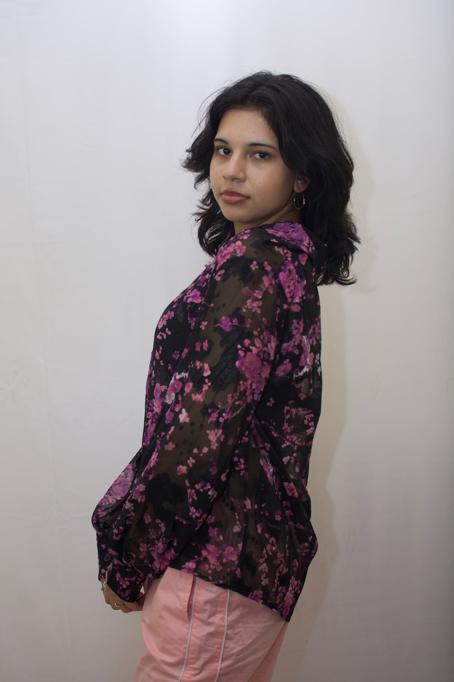 Sheer Floral Braso Embroidered Shirt – Black & Pink Elegance