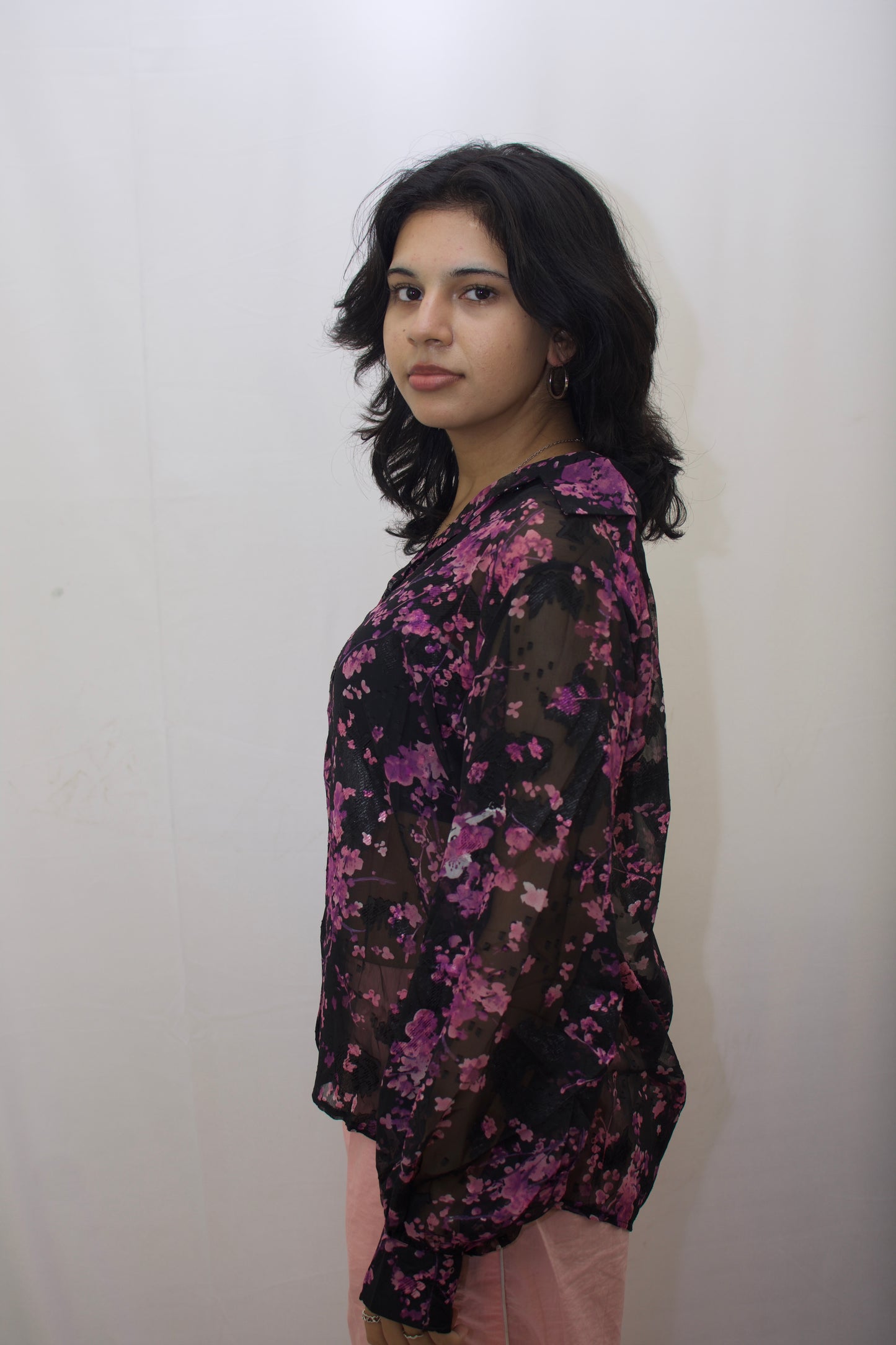 Sheer Floral Braso Embroidered Shirt – Black & Pink Elegance