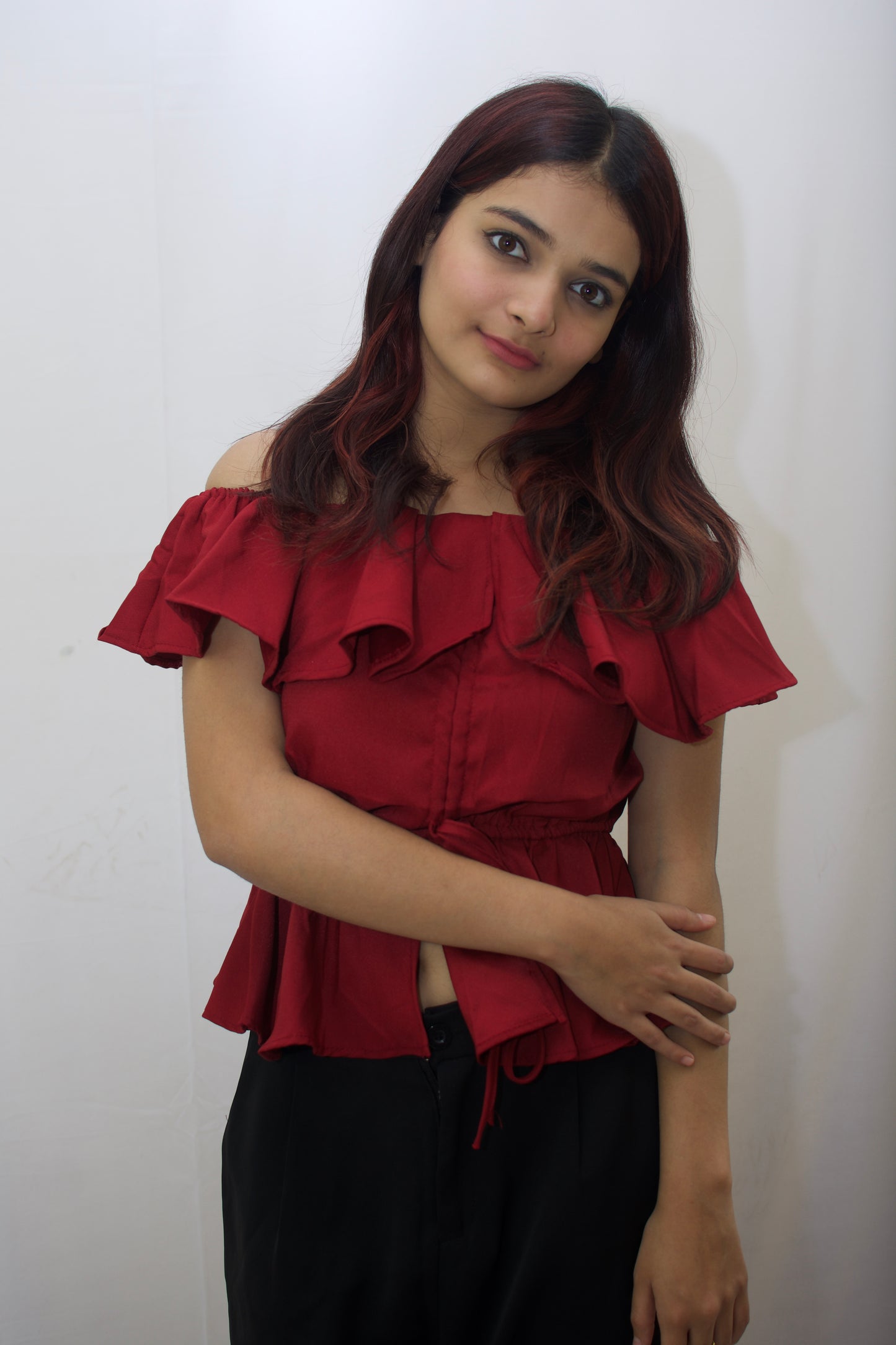 Chic Off-Shoulder Peplum Top in Red