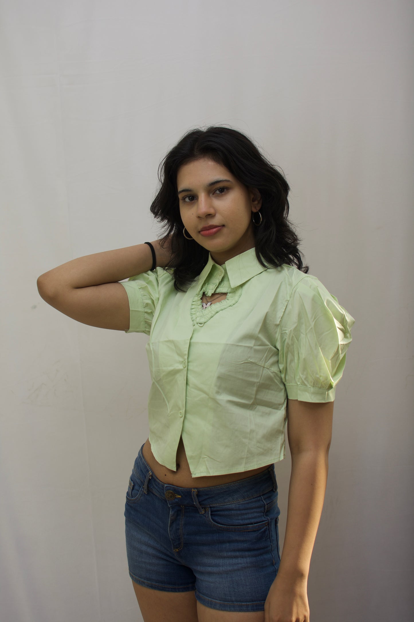Mini Heart Charm Puff Sleeve Shirt - Pastel Green