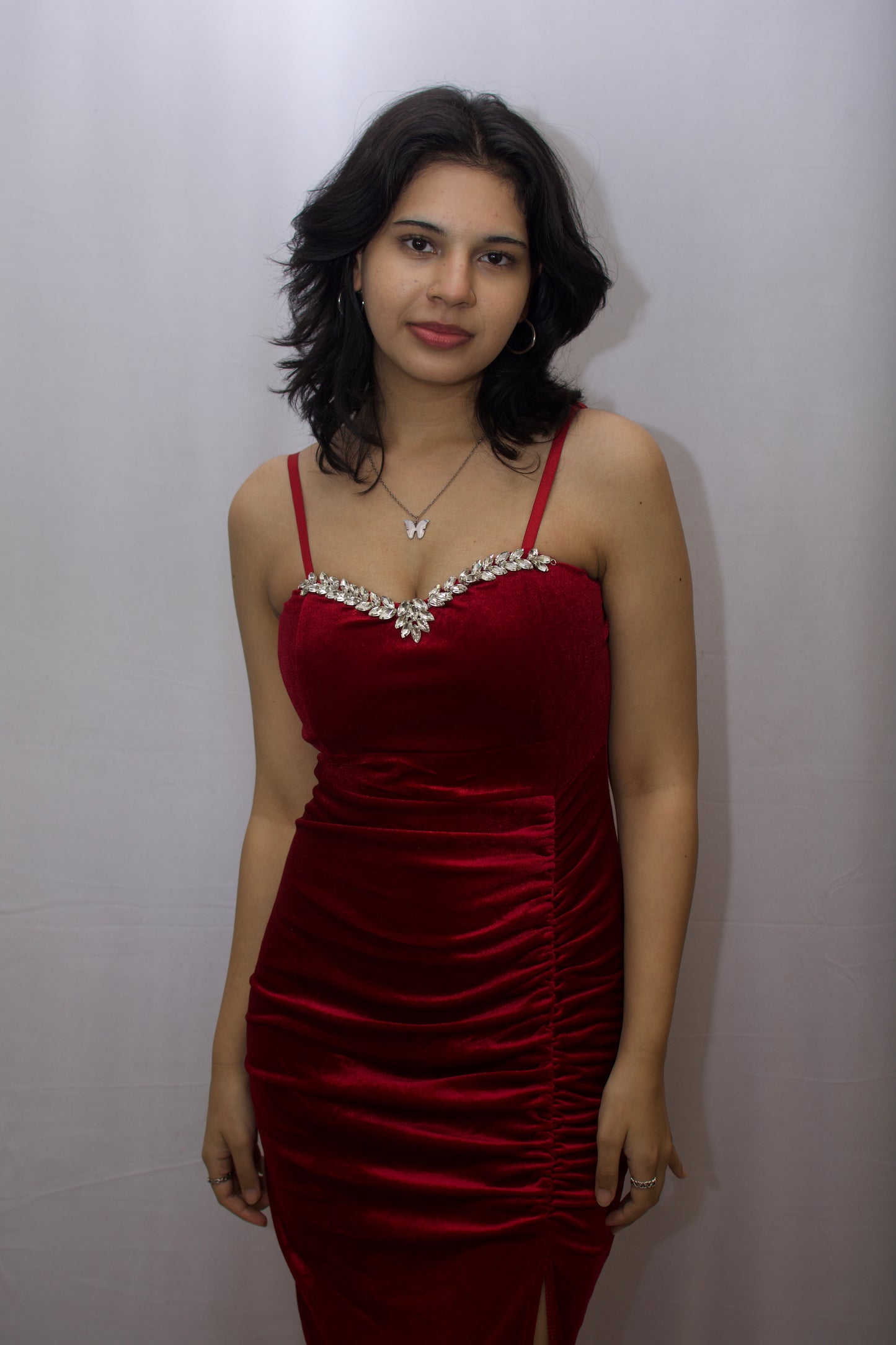Diamond Line Velvet Midi Dress - Red