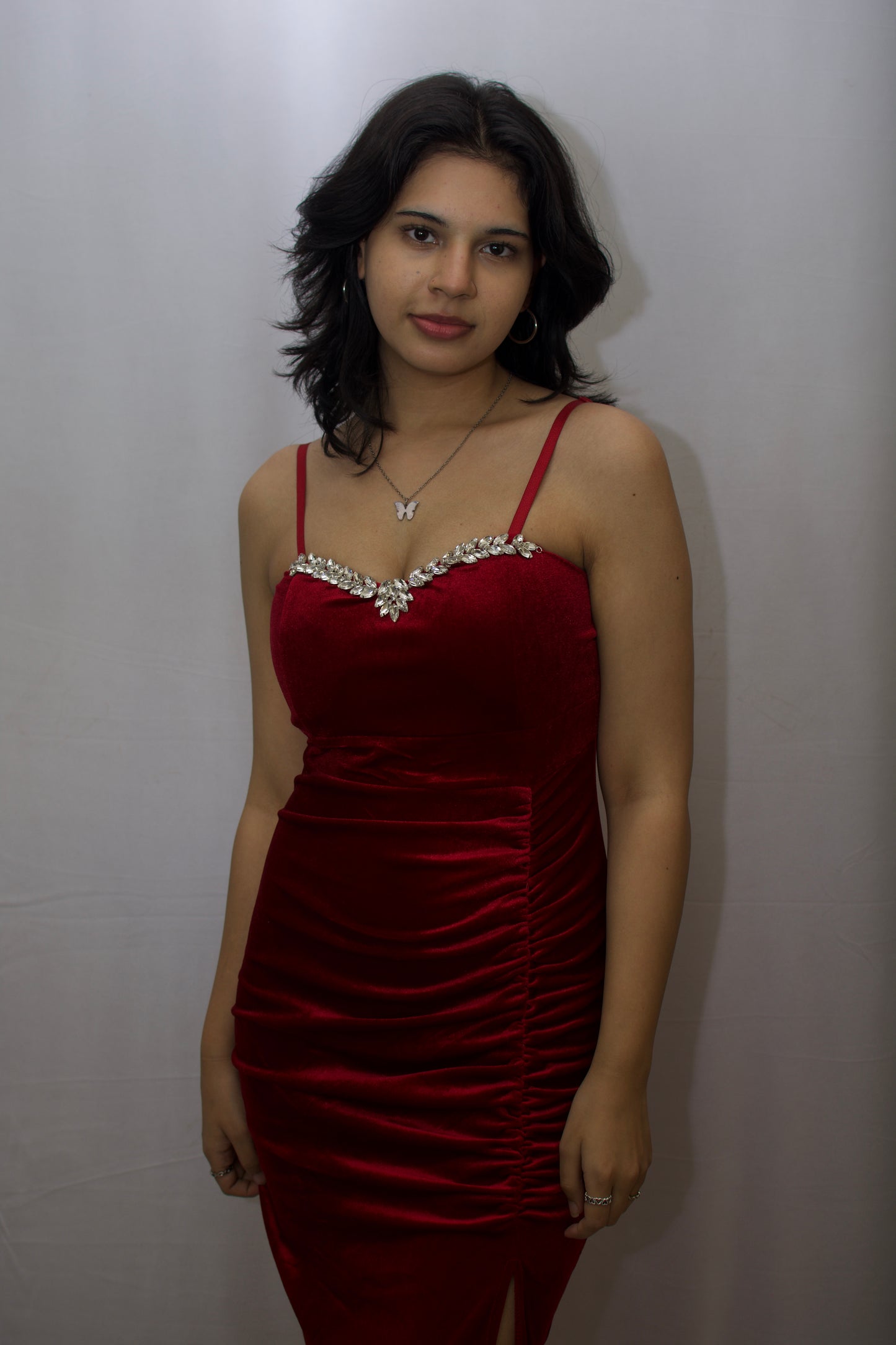 Diamond Line Velvet Midi Dress - Red