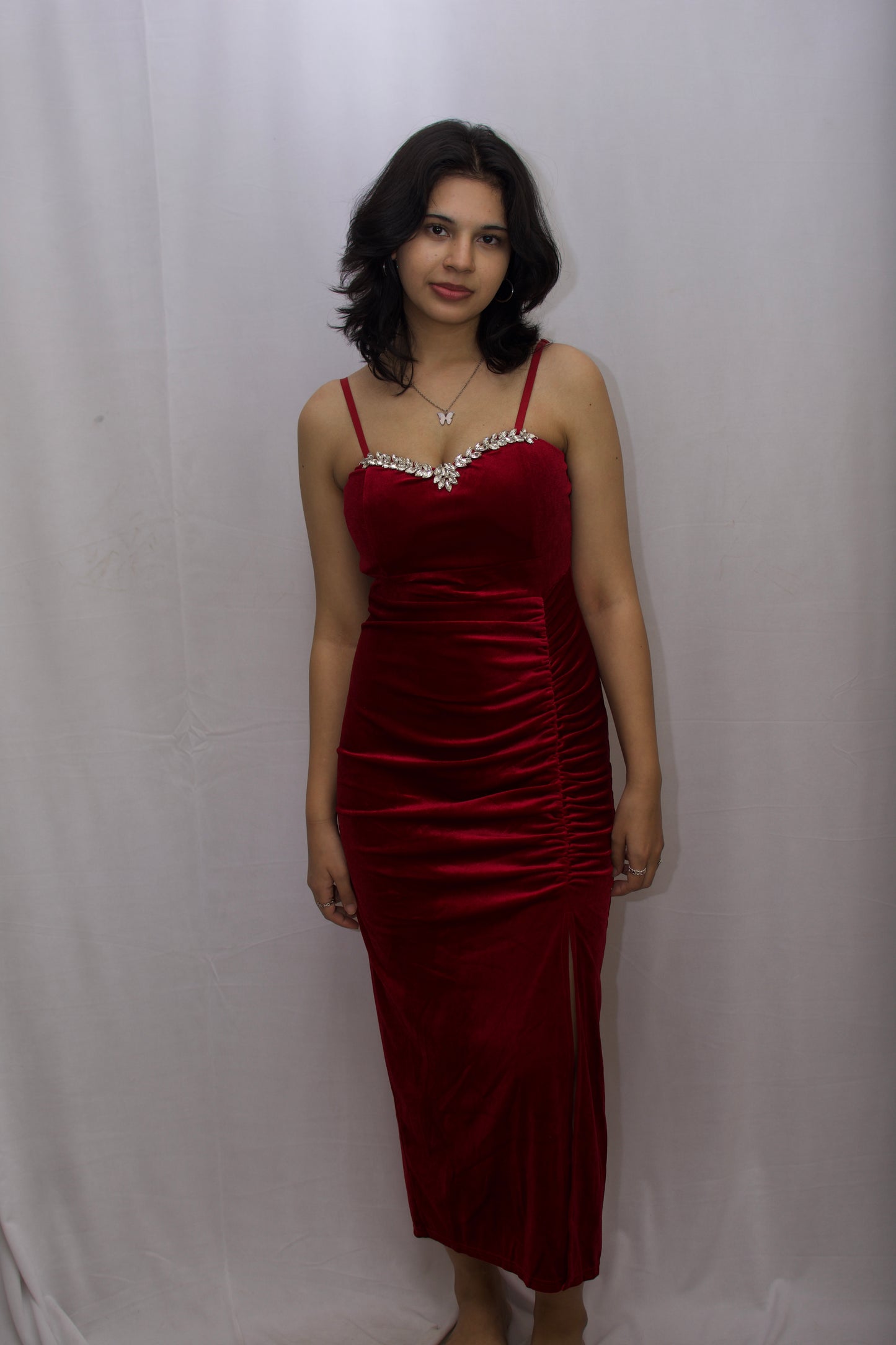 Diamond Line Velvet Midi Dress - Red