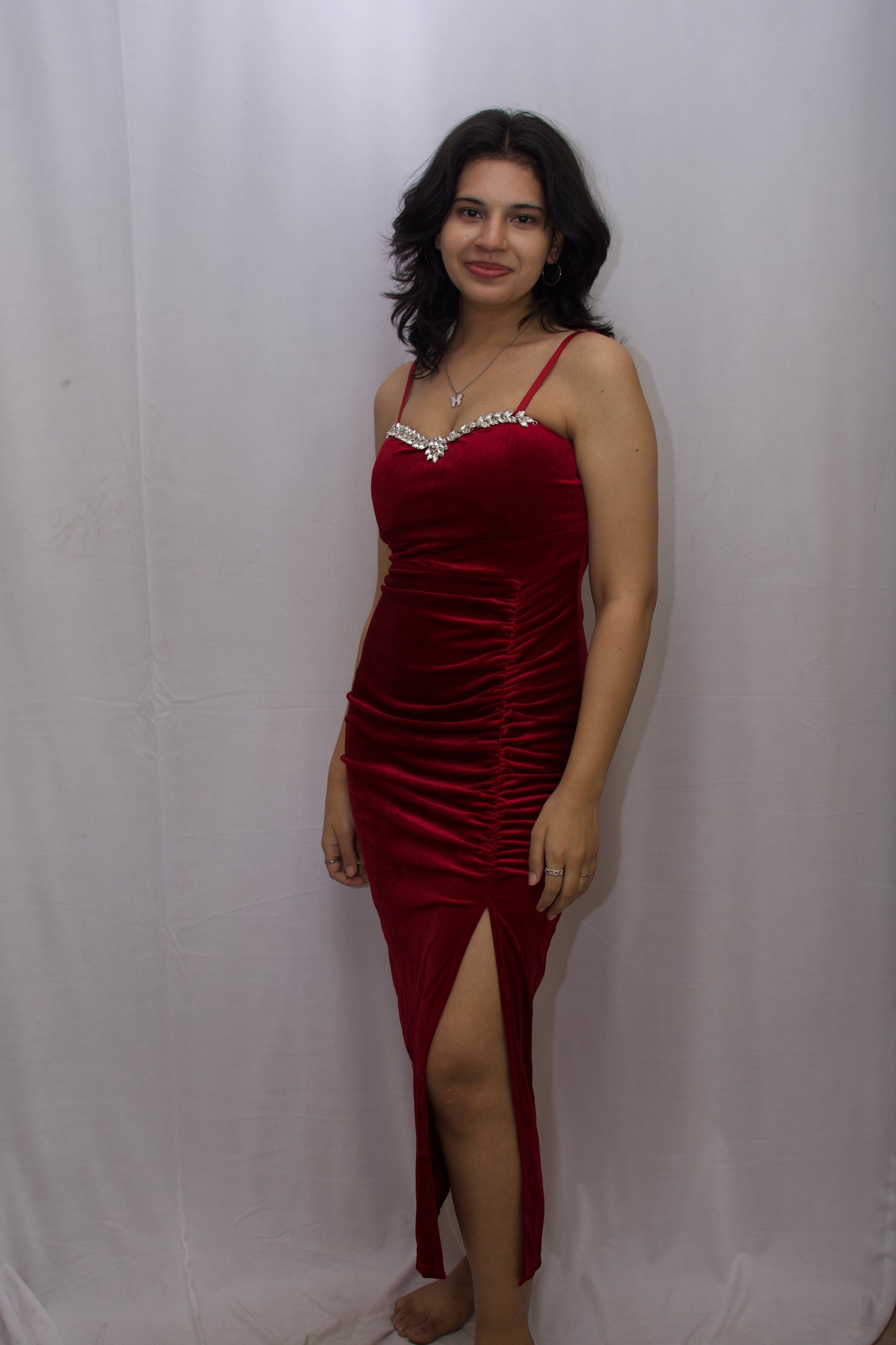 Diamond Line Velvet Midi Dress - Red