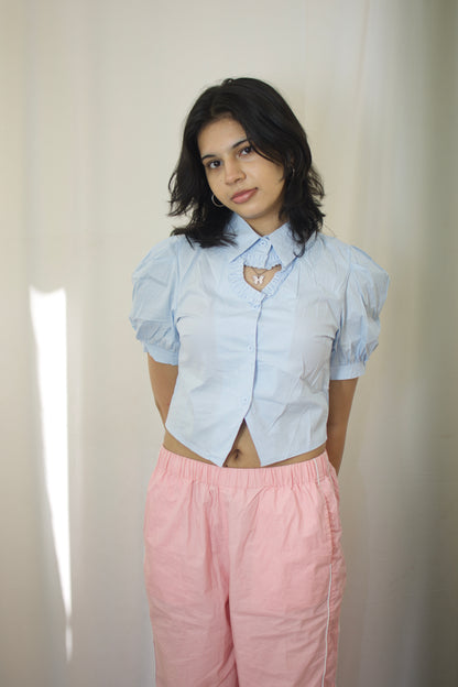 Mini Heart Puff Sleeve Blouse - Sky Blue