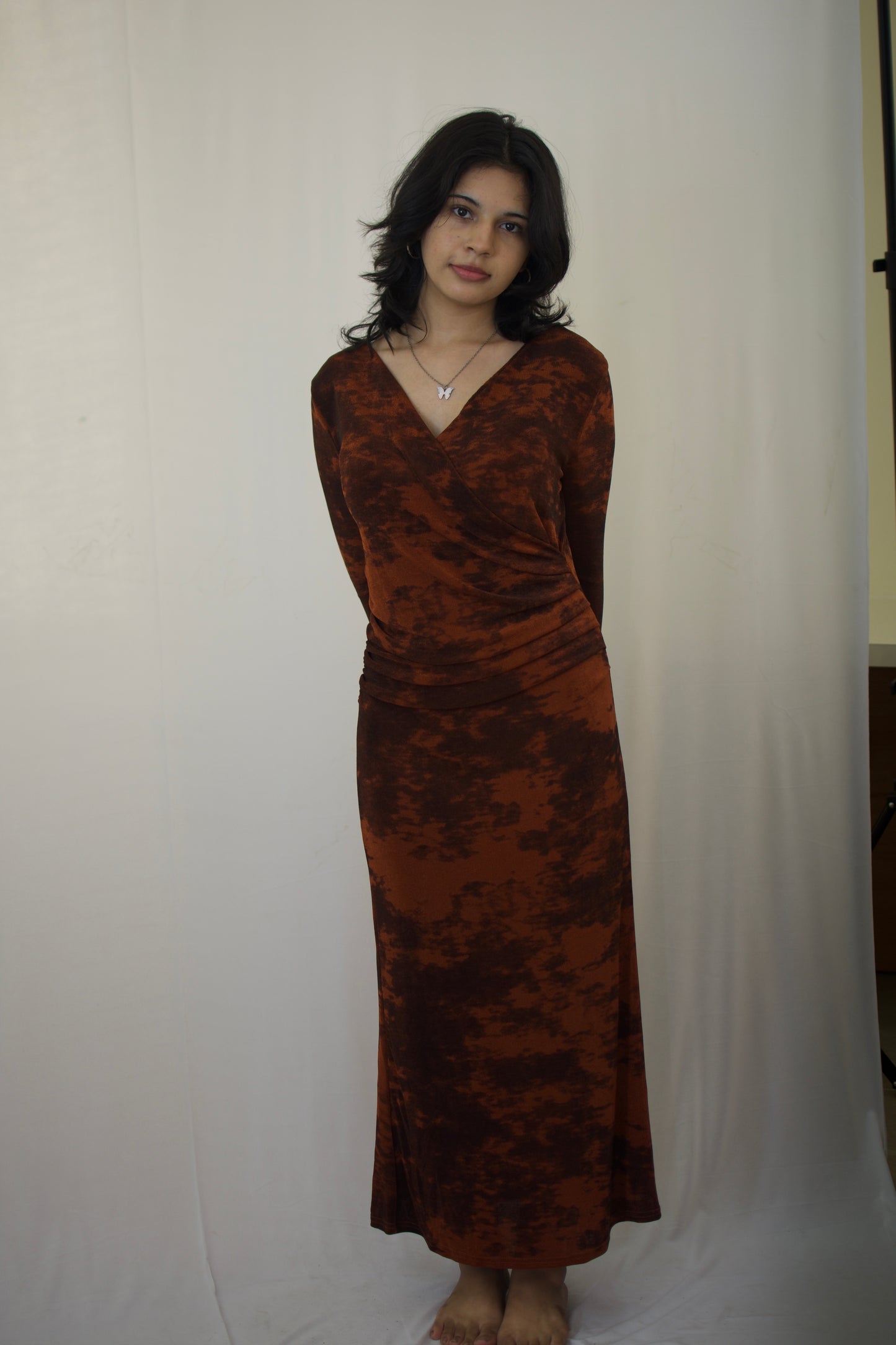 Elegant Rust Cloud Wrap Maxi Dress