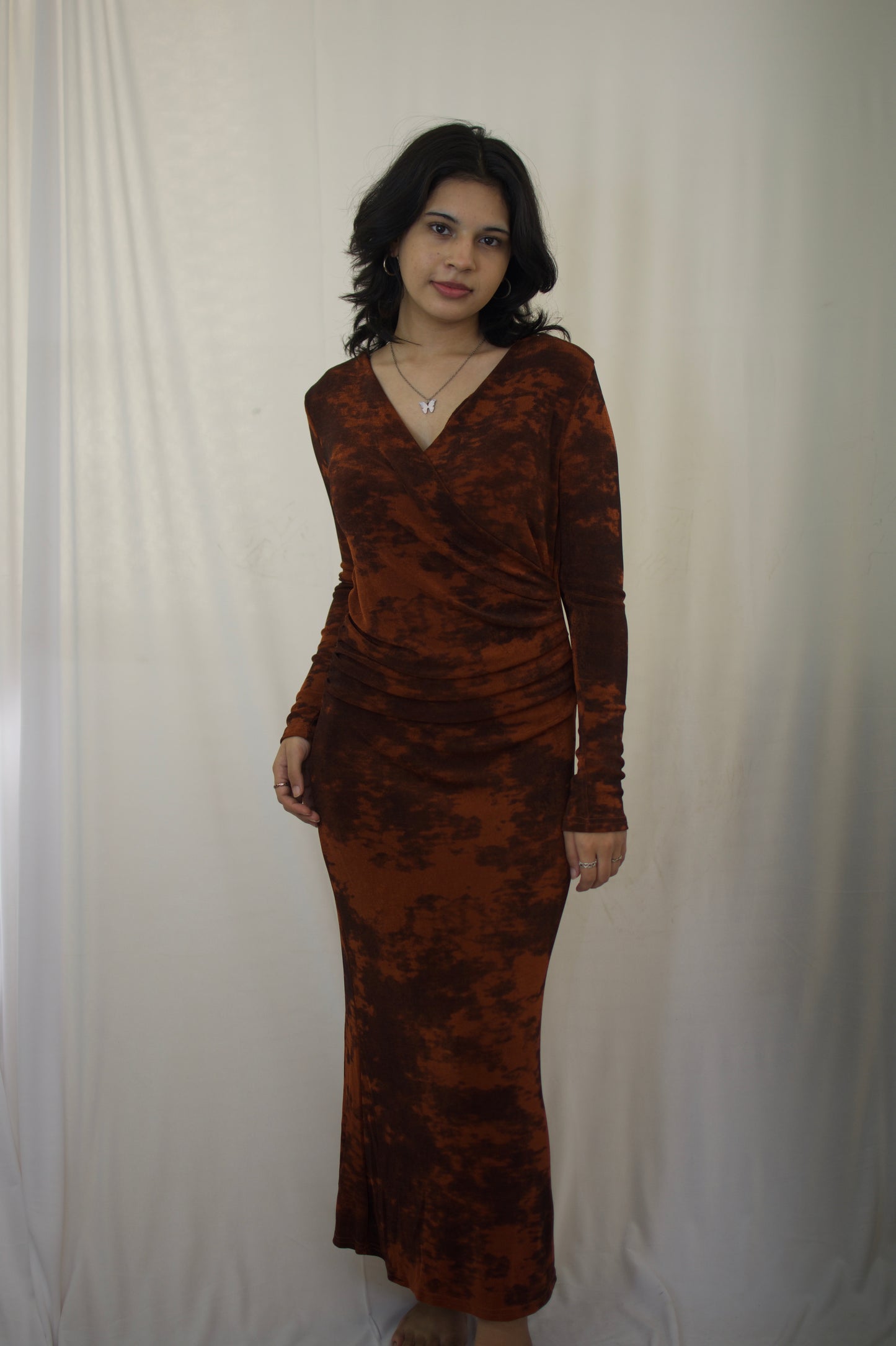 Elegant Rust Cloud Wrap Maxi Dress