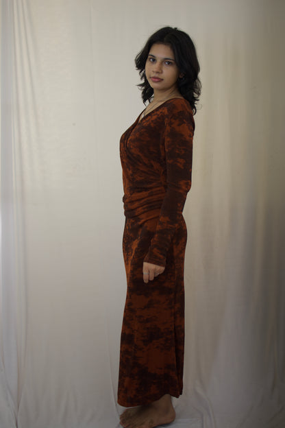 Elegant Rust Cloud Wrap Maxi Dress