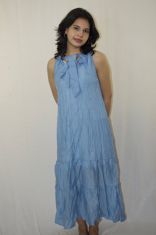 Blue Bow-Neck Maxi Dress