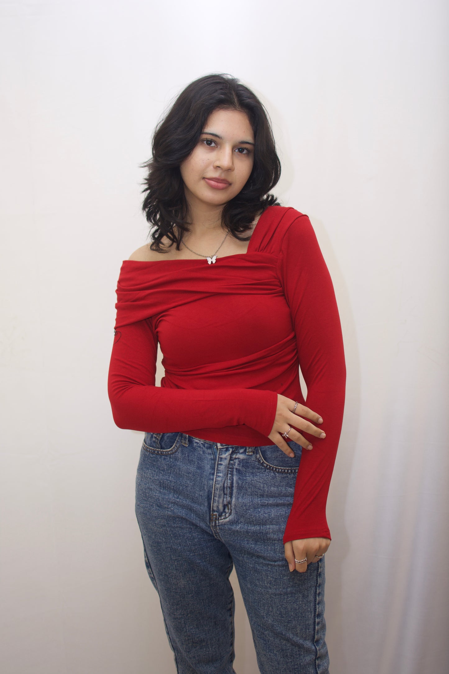 Red Ruched Off-Shoulder Top