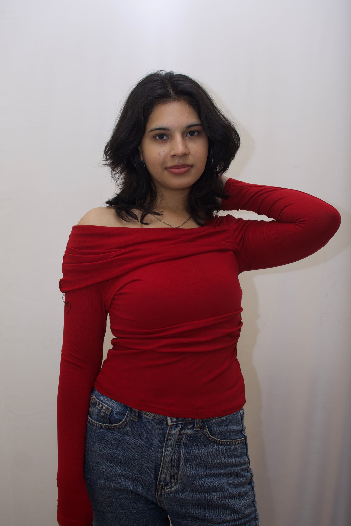 Red Ruched Off-Shoulder Top