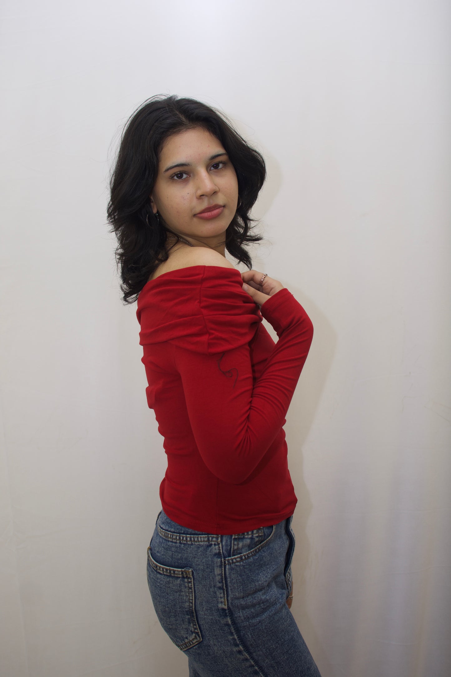 Red Ruched Off-Shoulder Top