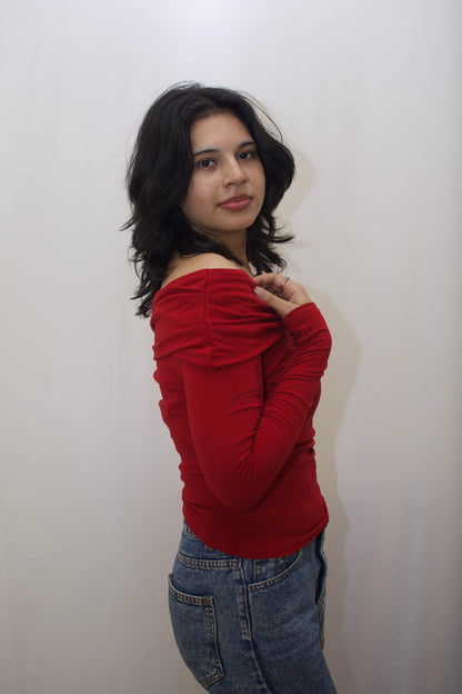 Red Ruched Off-Shoulder Top