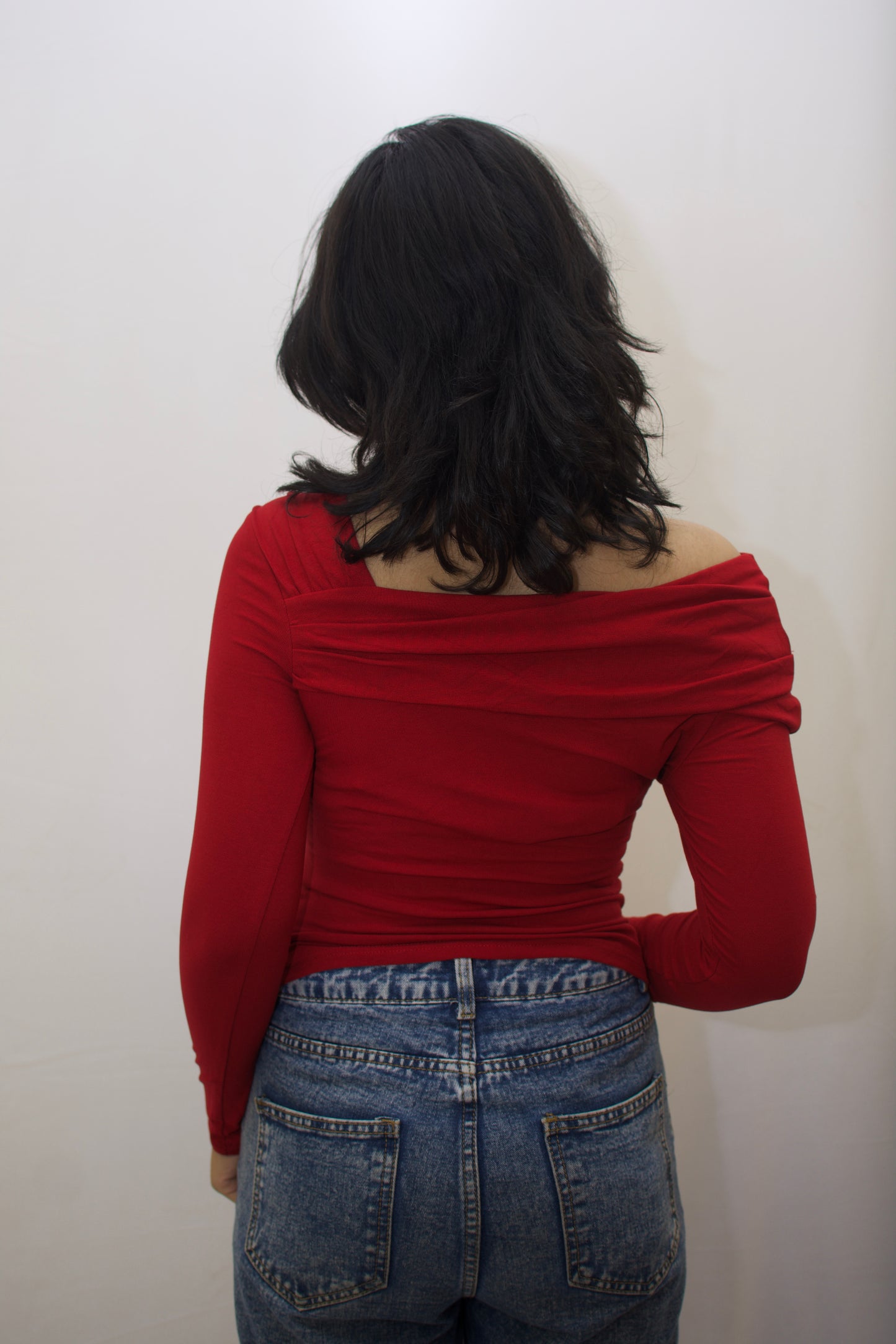Red Ruched Off-Shoulder Top