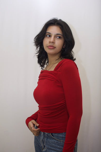 Red Ruched Off-Shoulder Top