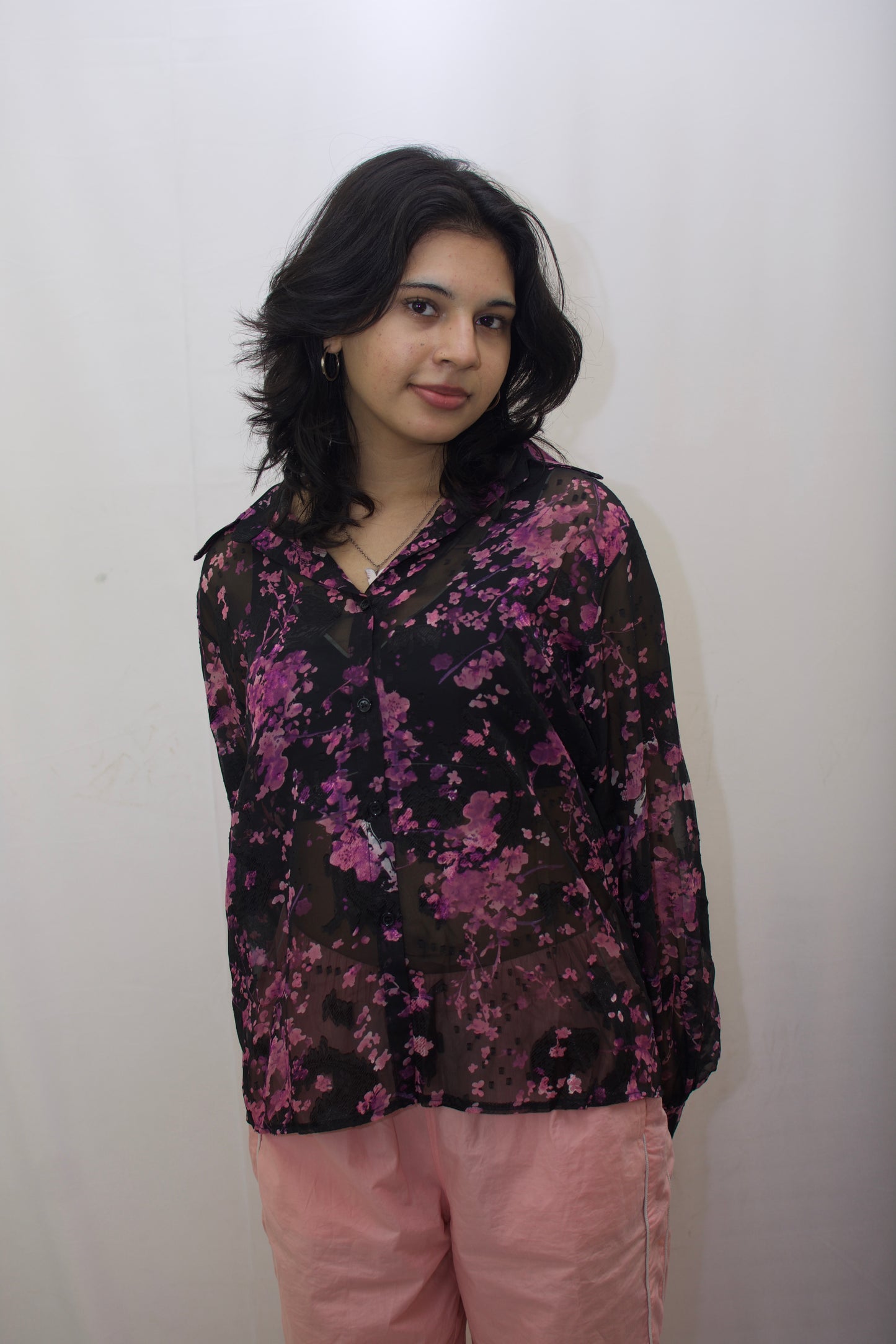 Sheer Floral Braso Embroidered Shirt – Black & Pink Elegance