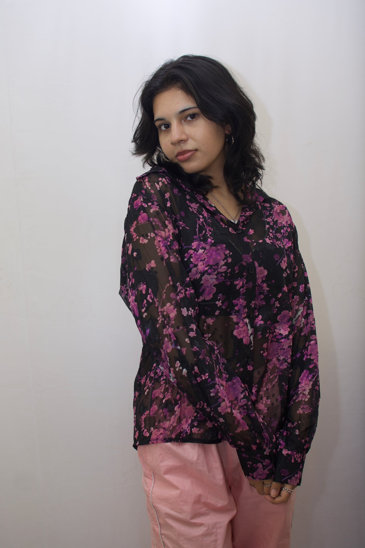 Sheer Floral Braso Embroidered Shirt – Black & Pink Elegance