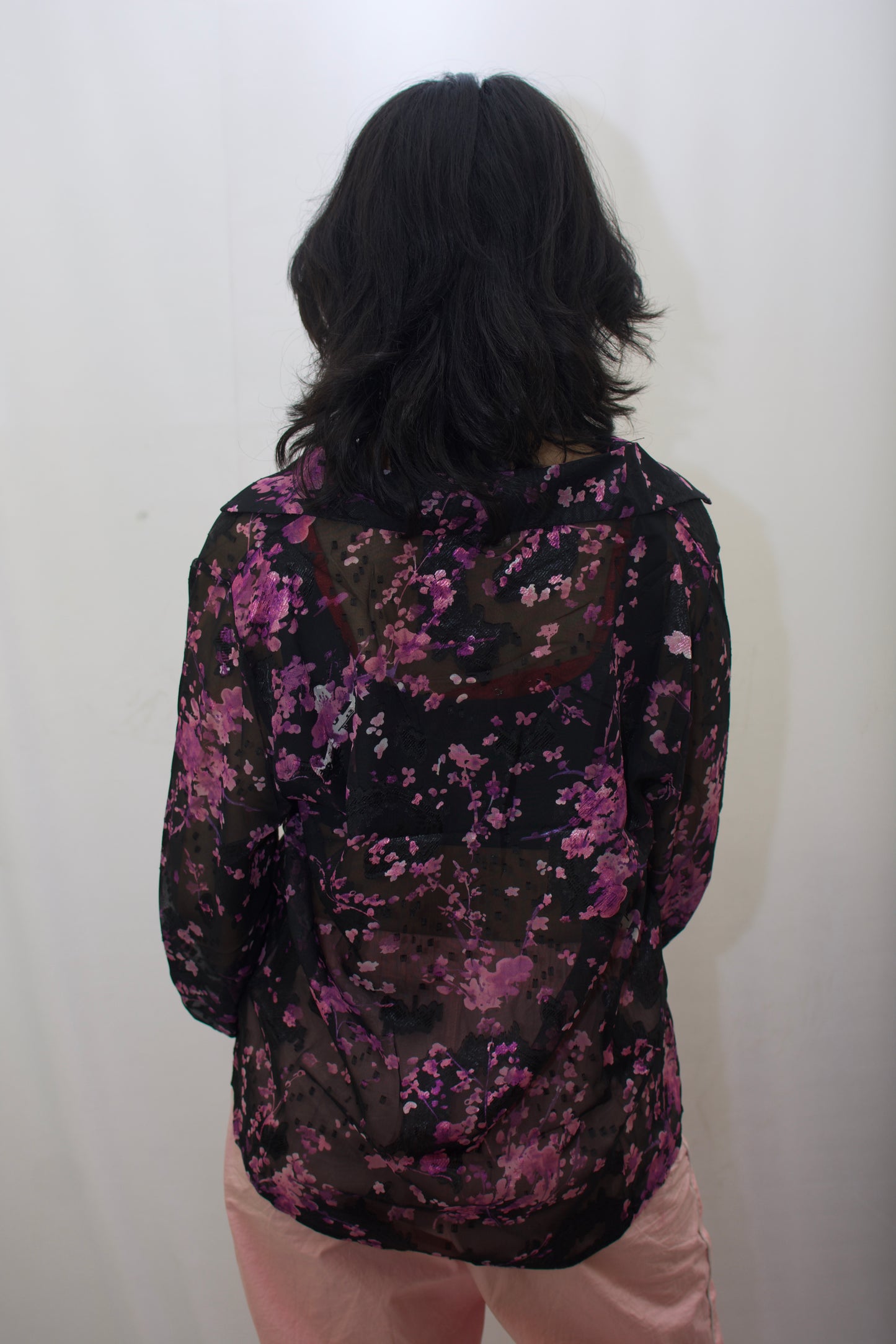 Sheer Floral Braso Embroidered Shirt – Black & Pink Elegance