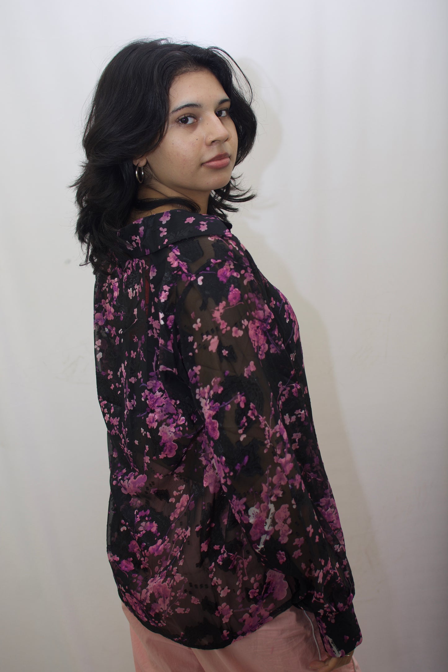Sheer Floral Braso Embroidered Shirt – Black & Pink Elegance