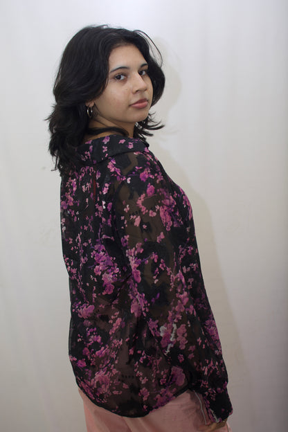 Sheer Floral Braso Embroidered Shirt – Black & Pink Elegance