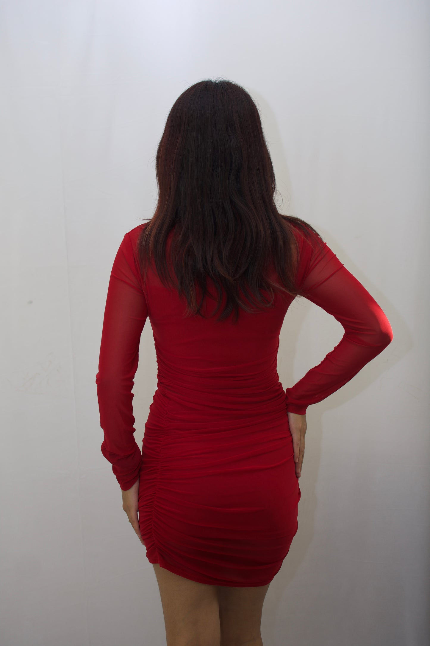 Red Ruched Sheer Mesh Dress