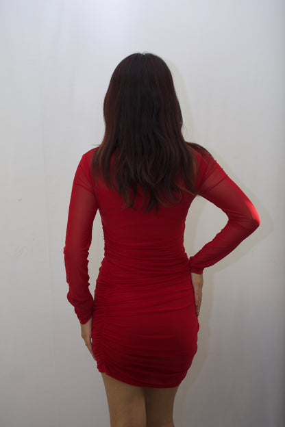 Red Ruched Sheer Mesh Dress