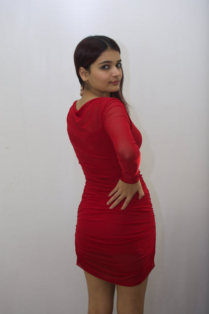 Red Ruched Sheer Mesh Dress