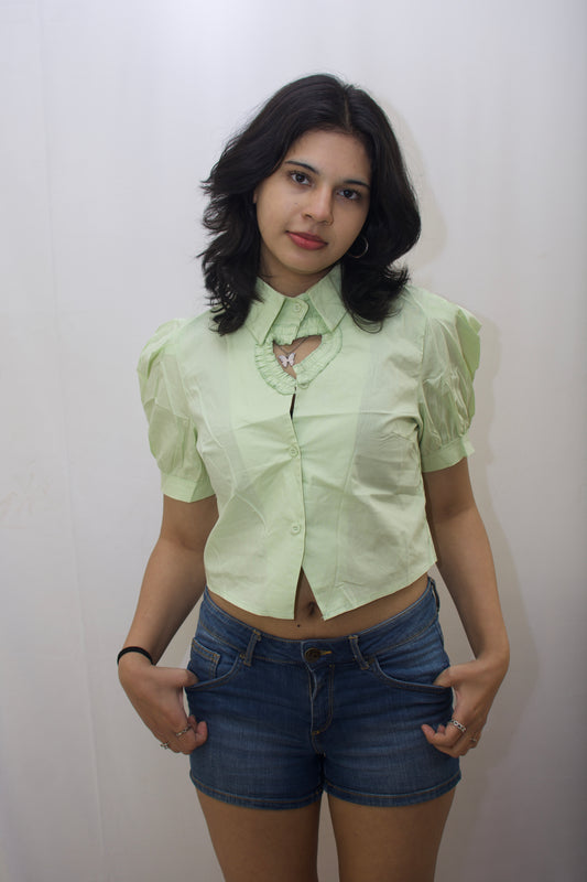 Mini Heart Charm Puff Sleeve Shirt - Pastel Green