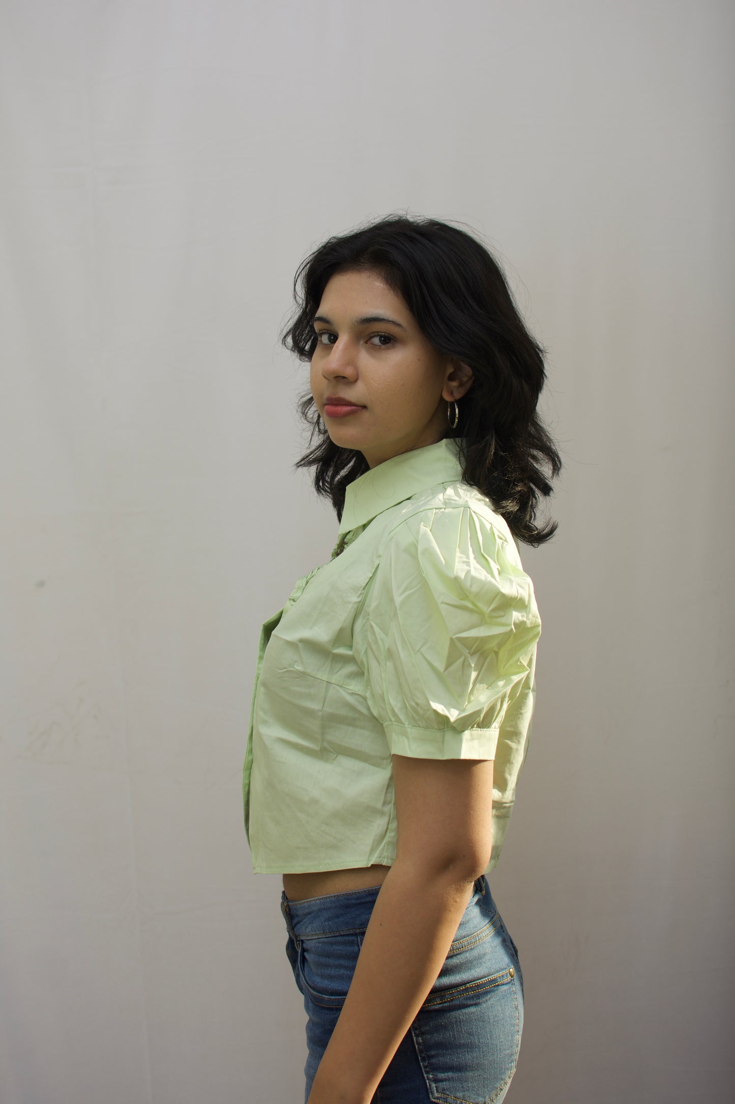 Mini Heart Charm Puff Sleeve Shirt - Pastel Green