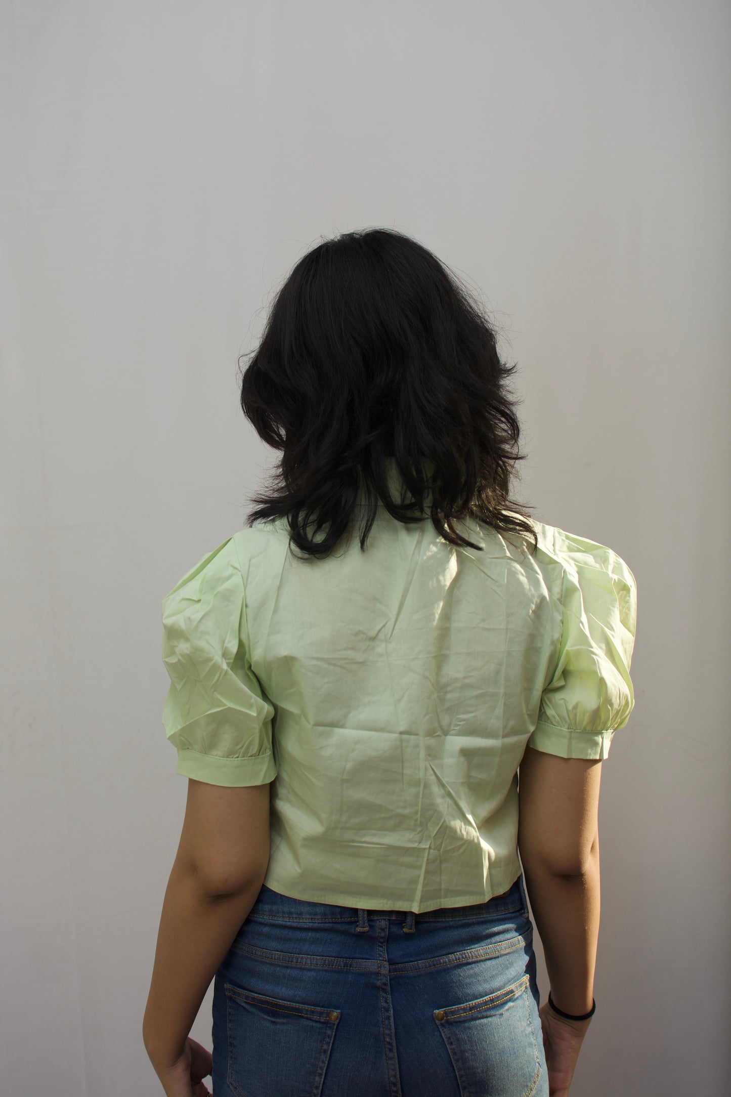 Mini Heart Charm Puff Sleeve Shirt - Pastel Green