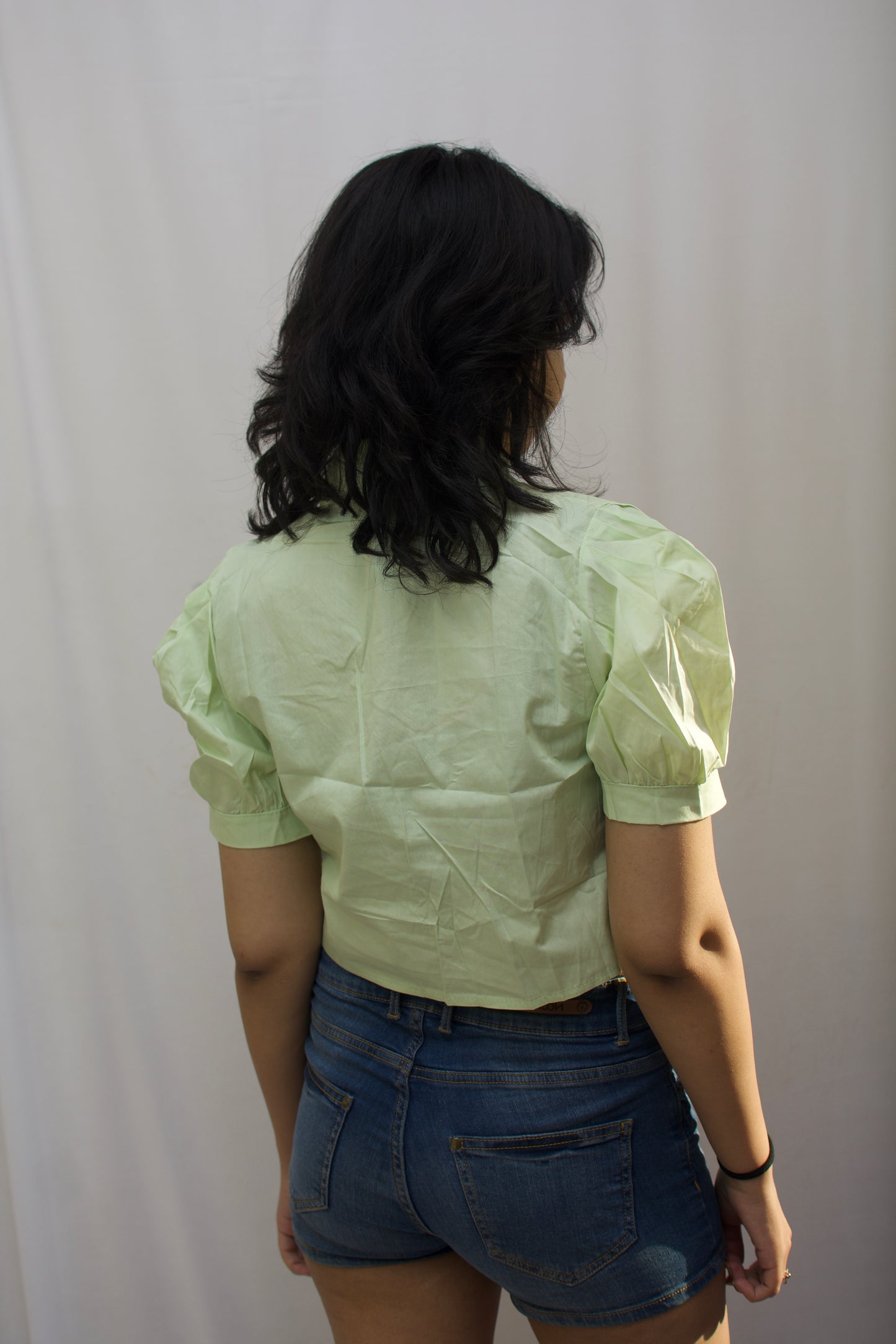 Mini Heart Charm Puff Sleeve Shirt - Pastel Green