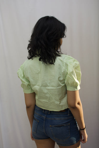Mini Heart Charm Puff Sleeve Shirt - Pastel Green