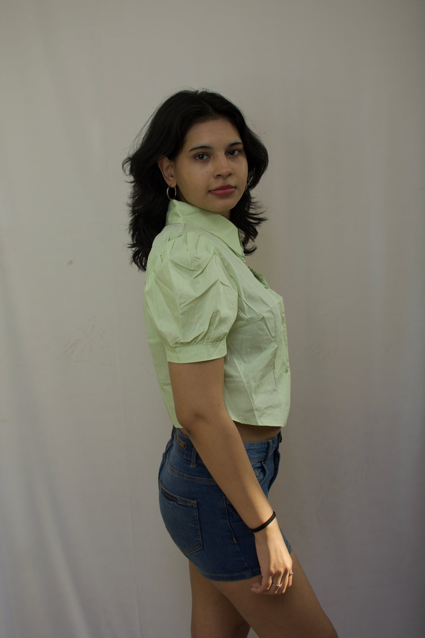 Mini Heart Charm Puff Sleeve Shirt - Pastel Green