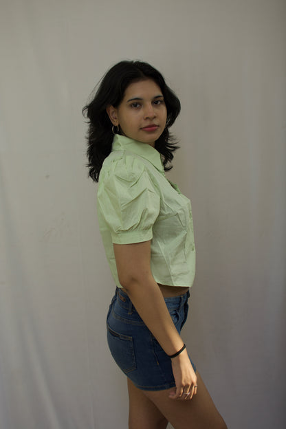 Mini Heart Charm Puff Sleeve Shirt - Pastel Green