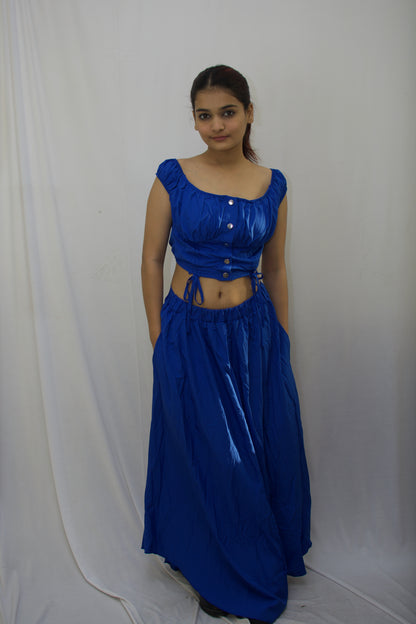 Elegant Boat Neck Crop Top & Maxi Skirt Set - Royal Blue