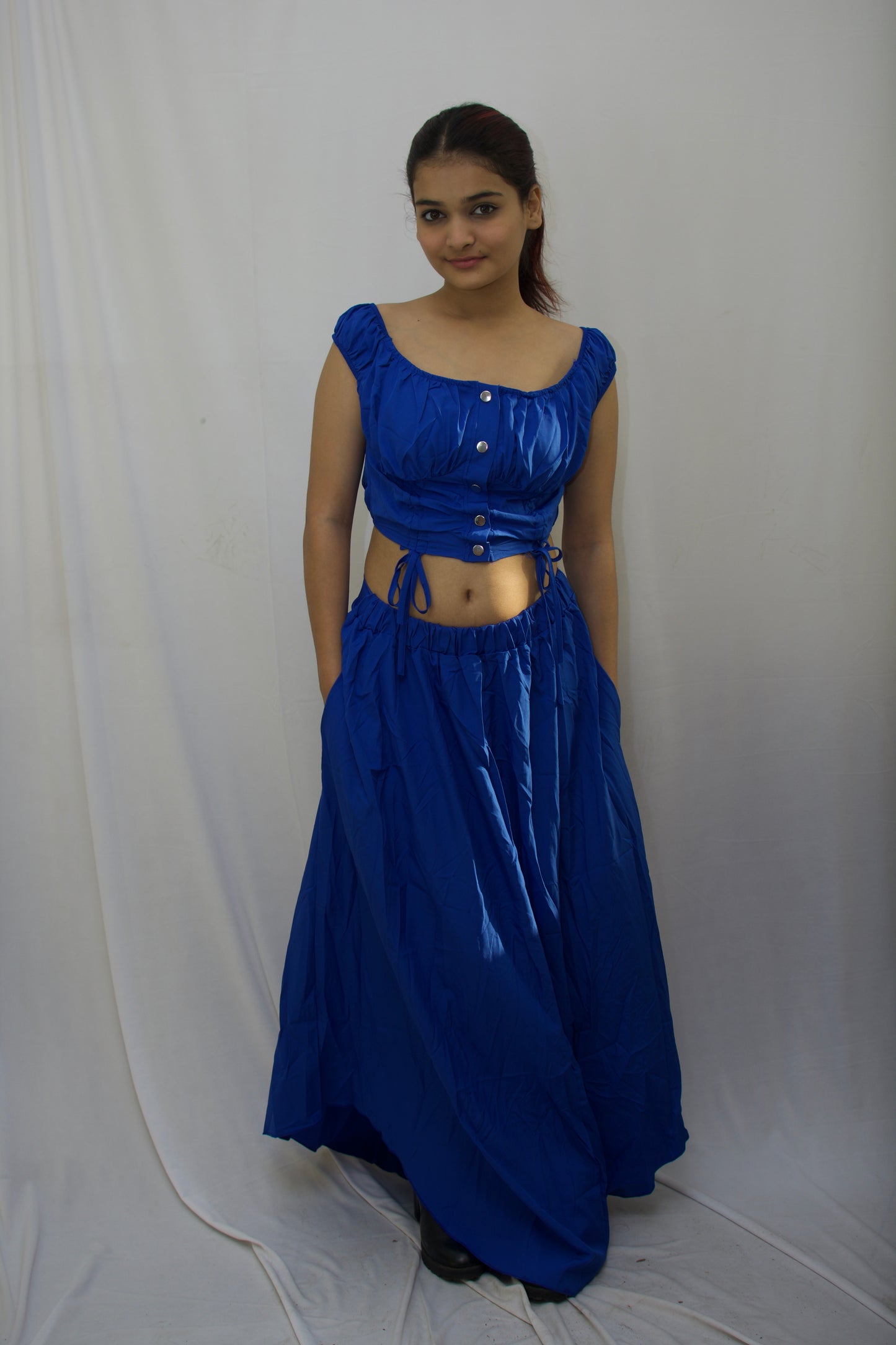 Elegant Boat Neck Crop Top & Maxi Skirt Set - Royal Blue