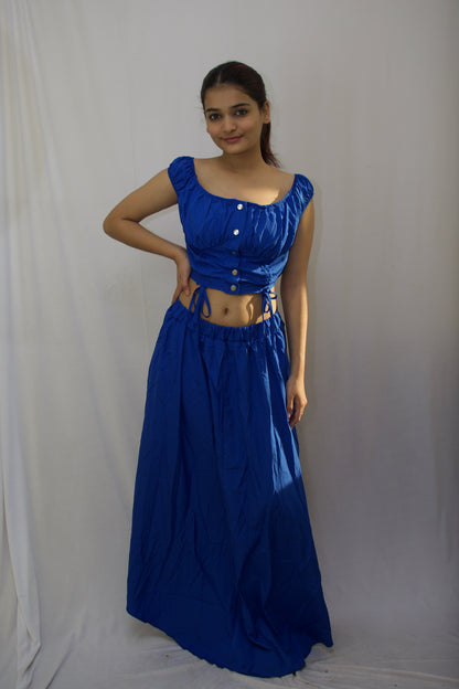 Elegant Boat Neck Crop Top & Maxi Skirt Set - Royal Blue