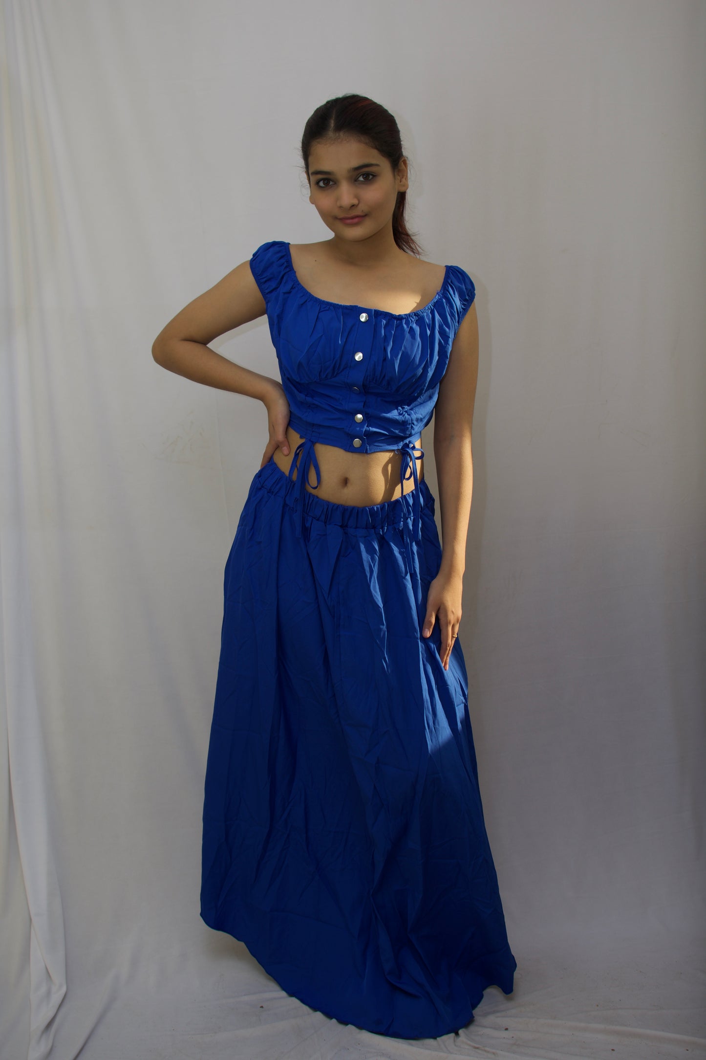 Elegant Boat Neck Crop Top & Maxi Skirt Set - Royal Blue