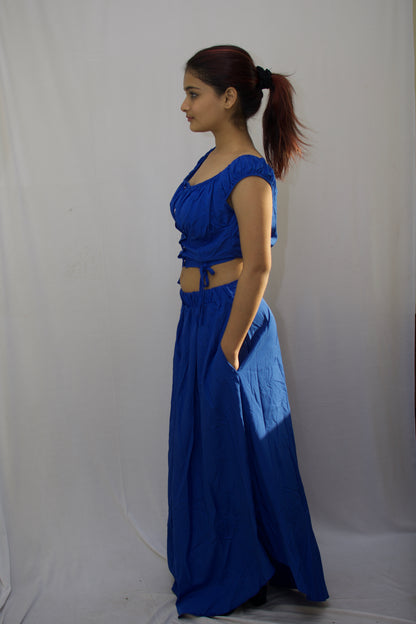 Elegant Boat Neck Crop Top & Maxi Skirt Set - Royal Blue